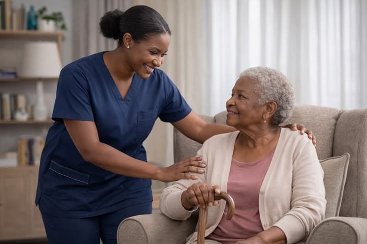 A carer taking notes beside an older woman
